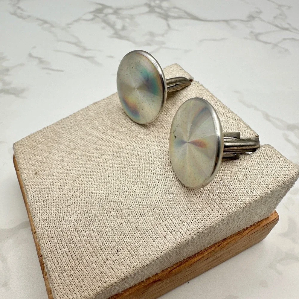 Vintage Pat Pend Rainbow Diffraction Silver Tone Round Reflective Cufflinks 50s